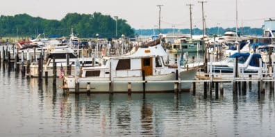 Marina with vessels docked against boat dock or in boat slips