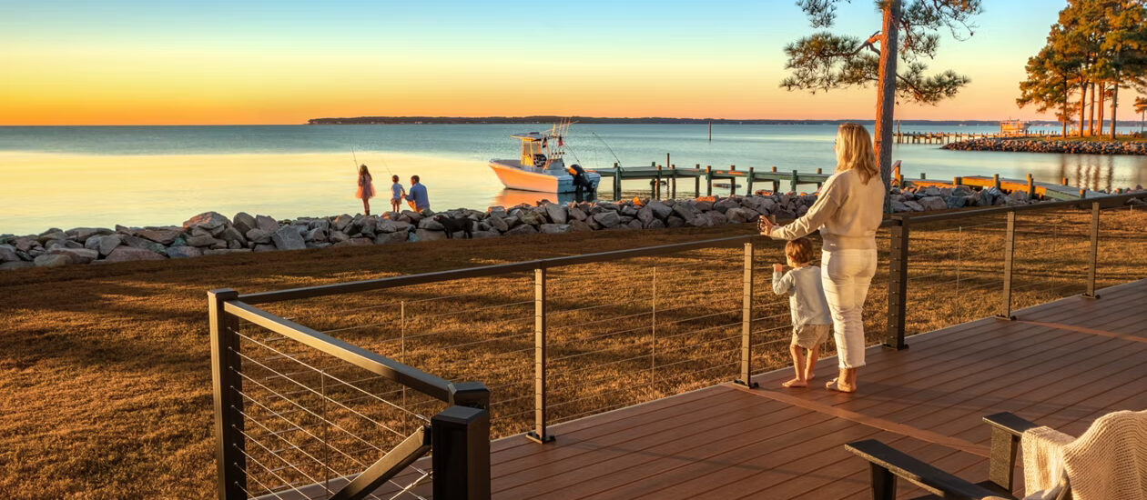 trex transcend deck with cable railing near waterfront