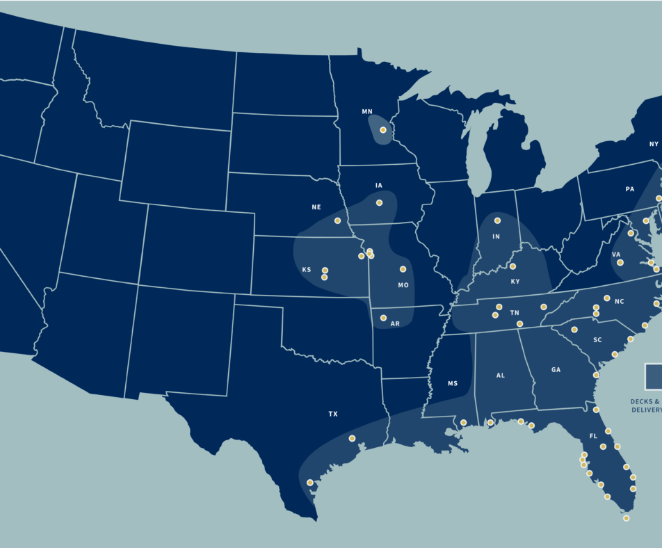 Map showcasing the Decks and Docks locations and delivery radius